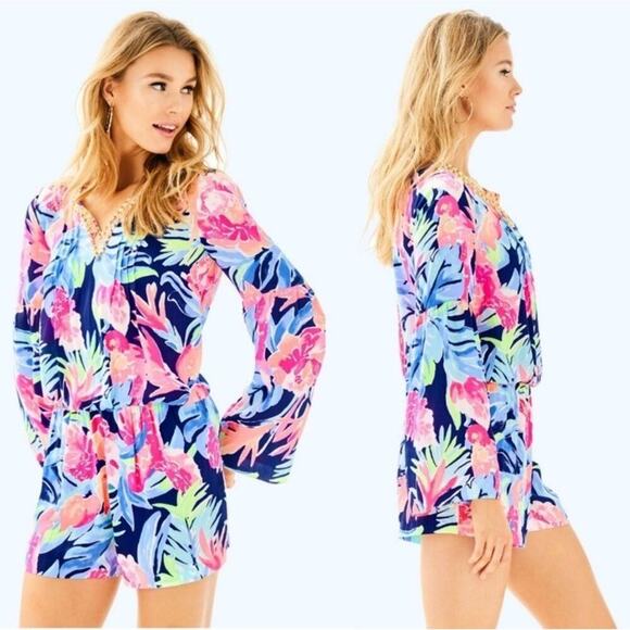 Lilly Pulitzer Ariele Romper High Tide Navy Tropicolada Floral Print‎ Size XS - Picture 12 of 12